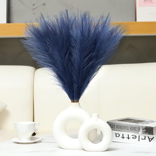 Ureymx Faux Pampas Grass Decor 17.7 Inch 6pcs Artificial Pompas Grass Bulk Artificial Dried Flower Small Vase Filler for Boho Home Wedding Decoration (Blue)