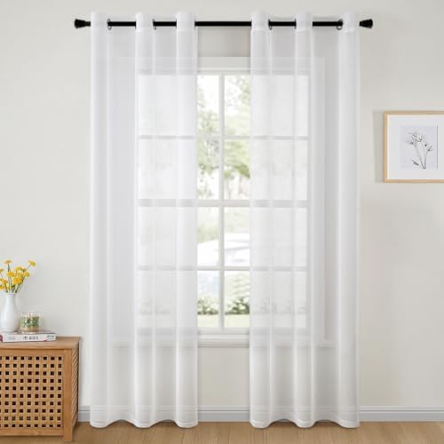 MIULEE Voile Vorhang mit Ösen transparent 102x260 cm 2er Set Weiß | Transparente leichte Voile Gardine als Ösenschal für Wohnzimmer und Schlafzimmer, lichtdurchlässig, luftig, deko