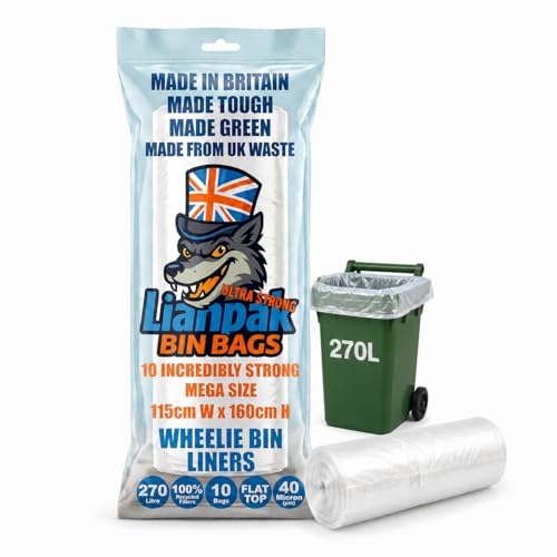 Lianpak 270L Heavy Duty Clear Wheelie Bin Liners Fits Standard 240L Wheelie Bins 115 × 160cm Holds Up To 30kg Tear Resistant 40 Micron Flat Top UK Made 10 Bags Per Roll 10 Bags (1 Roll)