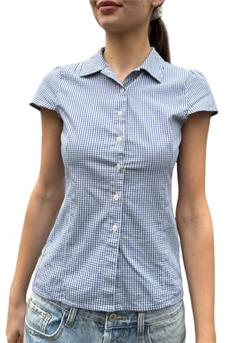 Image of Y2k Girls Vintage Coquette Button Down Shirt Women Short Sleeve V-Neck Slim Fitted T-Shirt Cute Blouse Crop Top