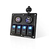 Genuine Marine 4 Gang Waterproof Marine Boat Rocker Switch Panel with Color Digital Voltage Display,...