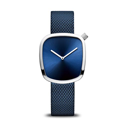 BERING 18034-307 Reloj de cuarzo para mujer con caja de acero inoxidable plateado de 34 mm y esfera azul, correa milanesa, cristal de zafiro y resistencia al agua de 3 ATM