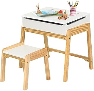GYMAX Kids Table and Chair Set, Children Wooden Activity Desk Set with 1 Chair and Storage Drawer, Lift-Top Tabletop Toddler Furniture Set for Arts & Crafts, Snack Time (White)