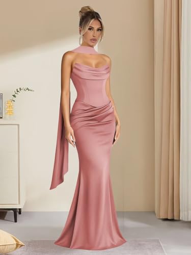TORYEMY Satin Bridesmaid Dresses for Women Long Mermaid Strapless Pleated Formal Evening Dresses with Scarf4