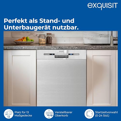 Exquisit START Geschirrspüler 60 cm, 13 Maßgedecke, Unterbaufähig, 11 Liter, Startzeitvorwahl, Restlaufanzeige, 7 Spülprogramme, GSP9313-030E inox