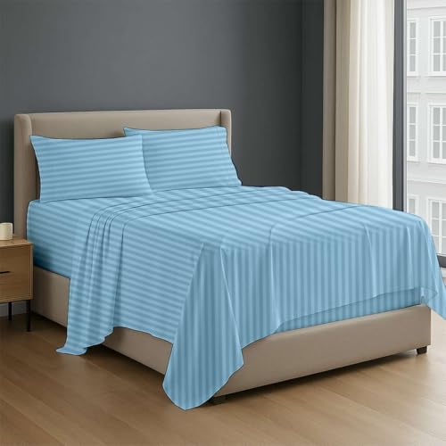 Image of NON Sticky cotton Premium 4 Piece Egyptian Cotton Fitted King Sheet Set, Hotel Quality Soft Breathable Bedding Sheets, 18 inch Deep Pocket, 78 inch X 80 inch, Light Blue Stripe
