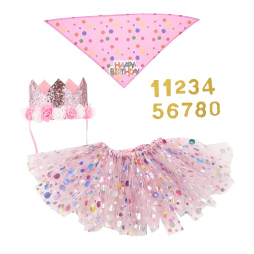 Healifty 1 セット 誕生日のクラウンチュールスカートスーツ 結婚式 マッチング 誕生日パーティー用品 グルーミング 犬用 子犬の誕生日の帽子 ドレス 装飾 ピンク メッシュ