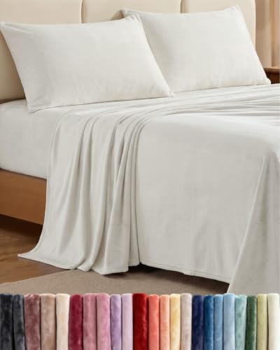 Image of Fleece Sheets Cal King Size Set - 4-Piece Velvet Flannel Sheet Set - Ivory
