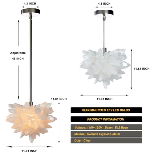 YeasHome ​​Selenite Pendant Light Handcrafted Single Globe Chandelier with Matte Stone Finish Natural Crystal & Metal Ceiling Light for Gallery Foyer Living Rooms & Dining Room 12" White — view 5