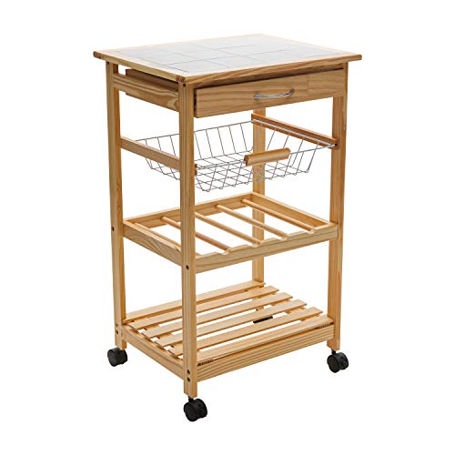Organize It All Natural Pinewood Multi-Purpose Mobile Kitchen Cart, Dimensions : ‎18.5 x 30 x 14.5 | Tile Top | Easy Movement | Kitchen Storage | Light Tan