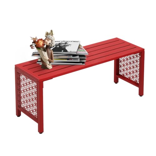 Image of VINGLI 40in Outdoor Metal Bench, All-Weathe Backless Patio Bench with Slatted Seat＆Floral Side Panels, Rust-Resistant Garden Bench, Weatherproof Outdoor Seating for Porch Entryway Backyard (Red)
