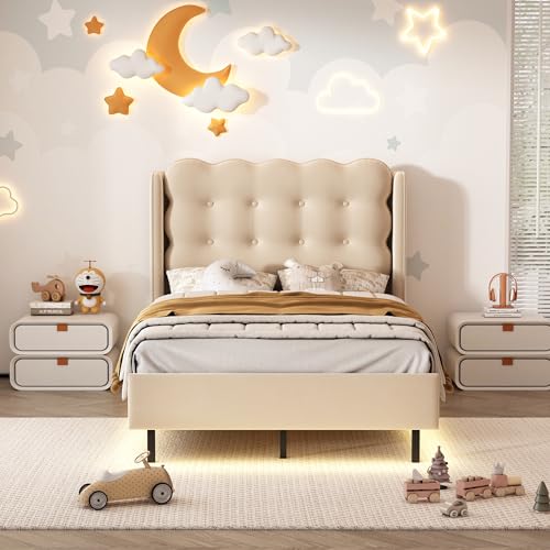 Tcewhhy Cama tapizada con cabecero modelado, cuna con rayas de luz amarilla cálida, cama individual con listones de madera, terciopelo, beis, 90 x 200 cm