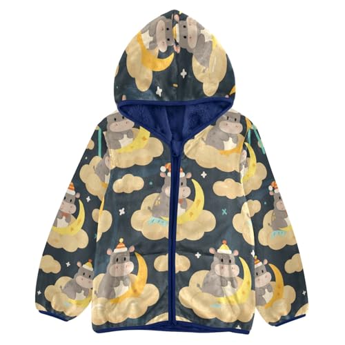 Cute Hippo on Crescent Moon_1 Toddler Fleece Jacket Girl Boys Hooded Fleece Jacket Coat Warm Outwear Zip-up 3-10T