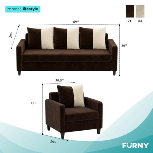 Image of FURNY Rion 3 Seater + 1 Seater + 1 Seater Fabric Sofa Set (Dark Brown-Cream) with Velvet Finish | Durable Comfort | Ideal for Living Room