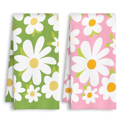 HSIASHENG Daisy Floral Kitchen Towels, 70s Retro Green and Pink Flower Dish Tea Towels, Rustic Cottagecore Botanical Hand Towel for Bathroom Kitchen, 16x24 Inches Set of 2
