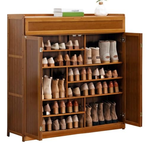 Armoire à Chaussures en Bambou 7 étages avec 2 Portes Pliantes, étagère à Chaussures D'entrée Moderne, Armoire à Chaussures Séparée dans Le Couloir Salon Couloir