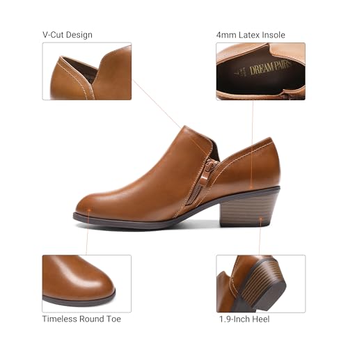 DREAM PAIRS DREAM PAIRS Women's Ankle Boots Fall Boots Leather Thick Heel Side Zip Women Low Chunky Heeled Booties,Size 7,Brown-Pu,SDAB2306W