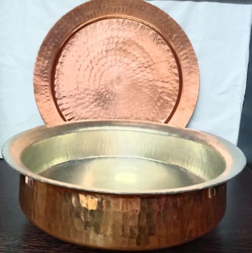 Lalit Kishori Pure Copper Hammered Lagan Handi with Lid | Ayurvedic Health Benefits Cookware | Chaffing Dish Pan | Tin Lining (Brown, 4 Liter)
