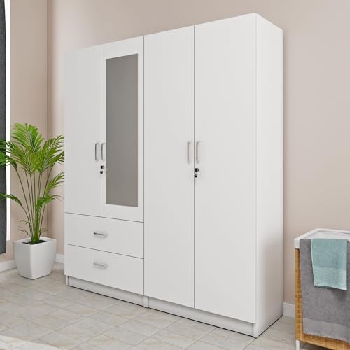 Image of VIKI Wardrobe | Wooden Almirah for 4 Door 2 Drawer with Shelves & 2 Hanging Space Mirror Wardrobe (Frosty White - 40D x 160W x 180.8H) | 1 Year Warranty | Free Assembly