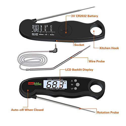 Intel Kitchen Accurate Instant Read Meat Thermometer Dual Probe Alarm Versatile Pre-Calibrated Digital Kitchen Oven BBQ Grill Smoker Backlight LCD Calibration Food Cool Meat Temperature Guide – Black - Thumbnail 4