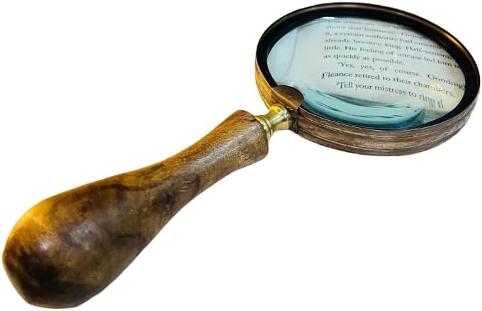 Vintage Brass Magnifying Glass with Wooden Handle, 4 Inch Lens, 8.5 Inch Length, Antique Style Reading Glass, Decorative Collector Piece (4 Inches)
