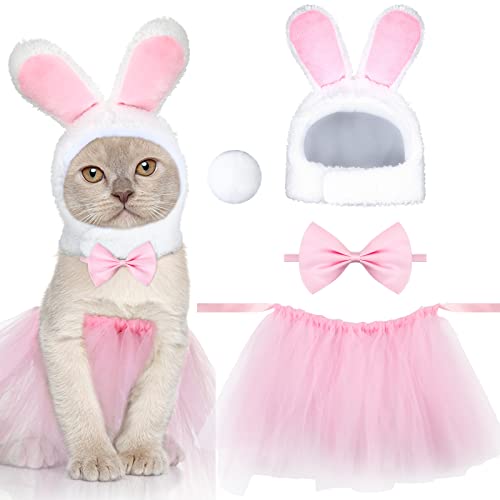 4 Stück Bunny Kostüm Set Hase Hut mit Ohr Hasenohren Haustier Stirnband Spitze Tutu Rock mit Hasenohren Schwanz und Schleife für Osterkatzen kleine Hunde Party Kostüm Zubehör Cover