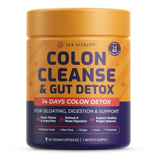 Colon Cleanse & Gut Detox – 14 Day Colon Cleanse Detox for Bloating, Digestion & Gut Support – Psyllium Husk, Aloe Vera, Ginger & Probiotics – 60 Vegan Capsules – 2 Full Colon Cleanse Cycles