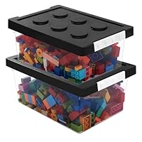 Greentainer Toy Storage Organizer Bins with Lid - Stackable Plastic Organizer Box Set of 2, Kids Toy Chests with Building Baseplate and Lid, Storage Container for Building Bricks & Toys(Black)