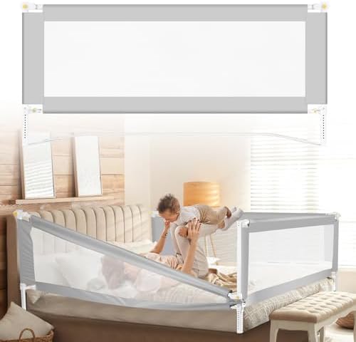 Tubiaz Bettgitter Rausfallschutz 2x200cm+1x180cm mit U-förmige Füße, Grau | Klappbare Bettschutzgitter, Kinderbettgitter Höhenverstellbar 68-95cm, Babybettgitter mit Luftiges Netz,
