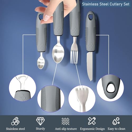 4-teilig Adaptive Utensilien, Parkinson Besteck Rechtshänder, Easy Grip Besteck Set, Ergonomisches Seniorenbesteck, für Behinderte Menschen Parkinson Patienten Ältere Arthritis