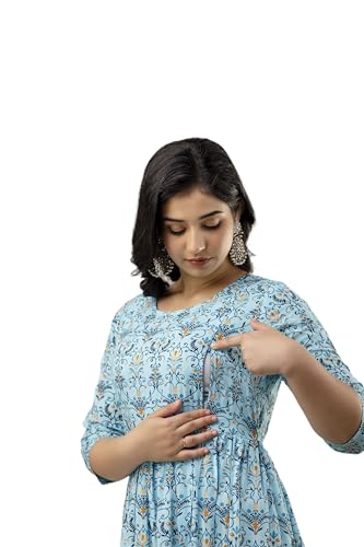 Image of Women's Rayon Anarkali Maternity Ankle Length Dress, Pregnancy Dress,Feeding Kurti,Easy Brest Feeding Dress, with Both Side 9 inch Zipper and Belt
