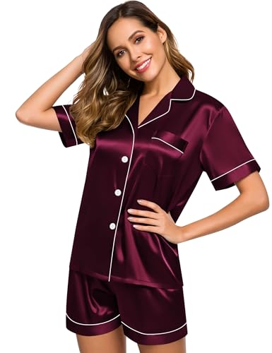 Image of SWOMOG Womens Silk Satin Pajamas Set Short Sleeve Sleepwear Button Down Top and Shorts Loungewear 2 Piece Pjs Set XS-3XL