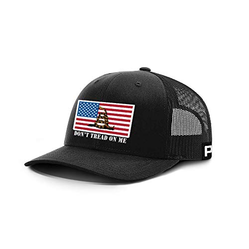 Printed Kicks Don’t Tread On Me USA Flag Back Mesh Hat DTOM Gadsden Flag Cap Snake (Black Front Black Mesh)