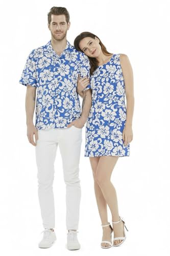 Image of Matchable Couple Hawaiian Luau Men Shirt or Women Tank Dress in Classic Vintage Hibiscus