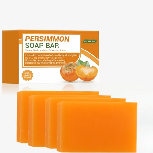 Jabón de caqui contra el olor corporal, jabón desodorante natural con té verde y aceite de coco – Elimina el fuerte olor bajo las axilas, pies y zonas íntimas – para hombres y mujeres (4 unidades)
