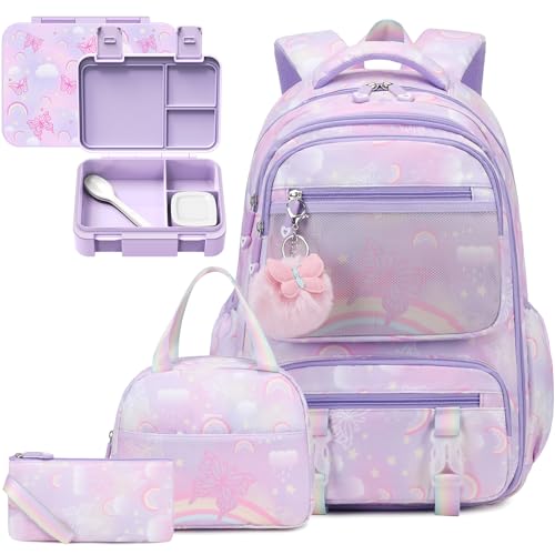 Backpack for Girls, 4PCS Rainbow Butterfly Girls Backpacks with Lunch Bag and Leak-proof Kids Bento Lunch Box for Teen Girl Children Students Kindergarten Elementary Middle School Book Bag