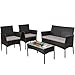 rattanstar 4 Piece Rattan Garden Furniture Sets, Outdoor Patio Conversation Set with Loveseat, Armchairs, Glass-Top Coffee Table, Cushions, PE Wicker Sofa Set for Balcony Backyard Conservatory