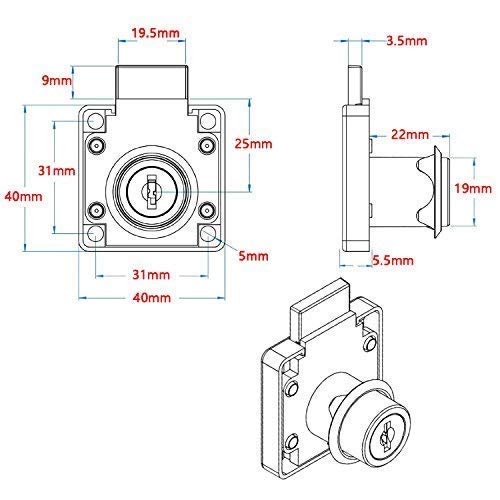 YOUTU® Schrankschloss Möbelschloß Zylinder-Möbelschloss Aufschraubschloss mit Schlüssel Set für Schubladen & Schränke | Stahl vernickelt | Dornmaß: 22mm 26mm 32mm (22mm)
