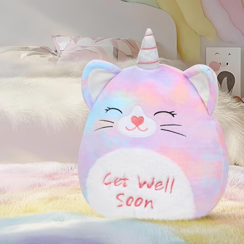 Image of Easfan 13'' Get Well Soon Unicorn Cat Plush Pillow Soft Cute Stuffed Animal with Silver Horn Feel Better Gifts for Kids Patient Feel Better for Women
