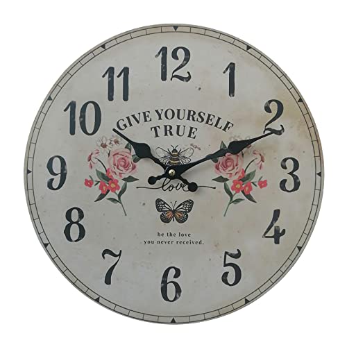 Rebecca Mobili Horloge Murale Shabby Chic, Horloges Murales, Noir Marron Rose Rouge, MDF, Style Vintage, Idée Cadeau - Diamètre 33,8 cm x P 4 cm - Art. RE6808