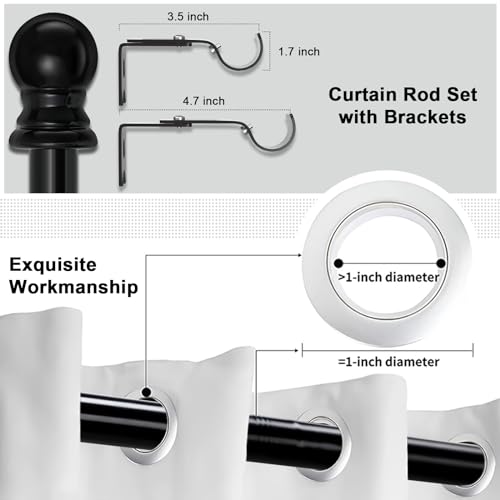 1 Inch Black Curtain Rods for windows, Heavy Duty Adjustable Splicing Single Curtain Rod with Brackets (30-44\") - Thumbnail 2