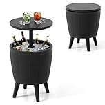 COSTWAY Ice Bucket Table, 37L/38L Ice Beer Drinks Storage Holder with Lift-Top & Drainage Plug, Outdoor Garden Patio Deck Cooler Cocktail Bar Table for Camping Picnic Party (Black, 49 x 59/84 cm)