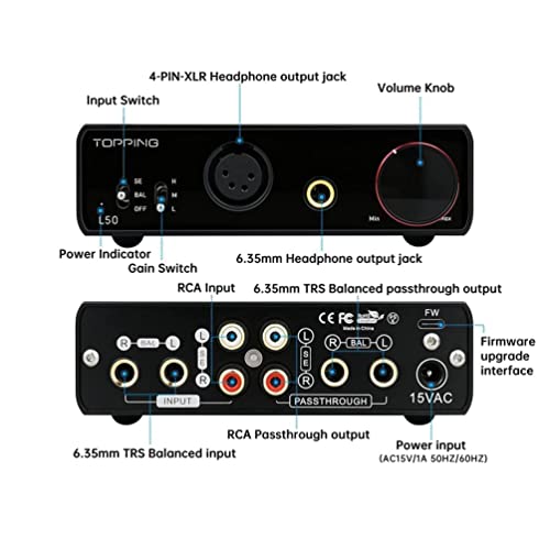 Image of AOSHIDA Topping L50 NFCA Balanced Headphone Amplifier with 3500mWx3500mW, TRS /RCA to 6.35mm /4-Pin-XLR Amp for IEMs Headphones (Black)