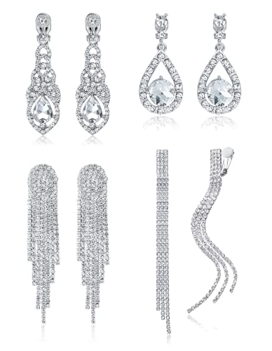 Diamday boucles d'oreilles pendantes à clip en argent pour femmes boucles d'oreilles pompon strass ailes scintillantes pour les mariées demoiselles d'honneur bijoux de...