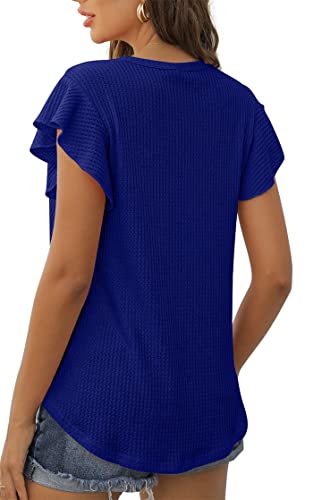 Iwollence Ruffle Short Sleeve Top Waffle Knit Tunic Casual Blouse Round Neck Shirts Summer Tank Tops For Women Royal Blue X-Large #TOP4