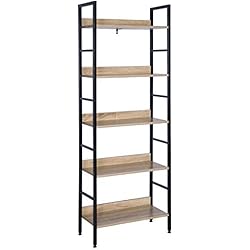 Estanteria Madera 60 Cm Ancho WOLTU Estantería con 5 Escalera Esquina Estante de Almacenamianto de Madera Acero Negro+Roble 60 x 27,5 x 160 cm RGB9303she