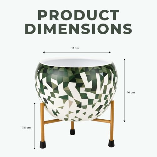 Image of Natural Earth Metal Flower Vase Planter Pot with Iron Stand | Decorative Plant Cachepot for Indoor & Outdoor Use | Succulent Pot for Home & Garden Decor (Apple Green)
