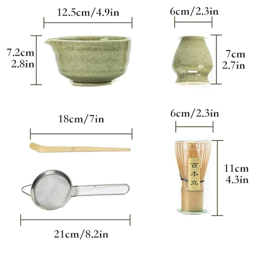 5-PCS Japanese Matcha Tea Set - Ceramic Bowl with Spout & Holder, Bamboo Whisk (Chasen), Scoop, Sifter - Complete Traditional Tea Ceremony Kit for Beginners, Gift for Tea Lovers (Light green) — view 6