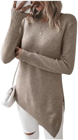 GORGLITTER Women’s Split Asymmetrical Hem Sweater Long Sleeve Crewneck Knit Pullover Tops