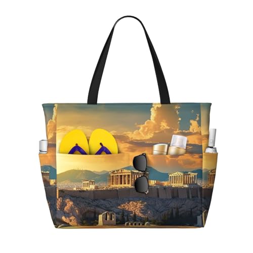 Beach Bags For Women Large Waterproof Sandproof Beach Tote Bag Lightweight Zipper Carry On Bag Acropolis Cityscape Skyline Pool Bag For Gym Travel Vocation